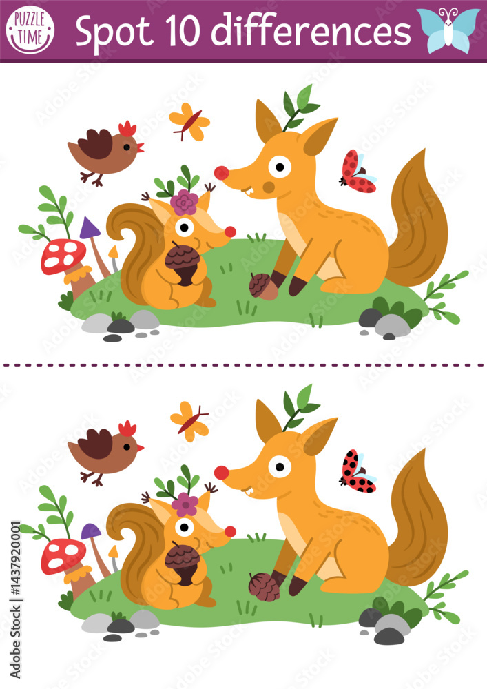 Find differences game for children. Fairyland educational activity with cute squirrel with acorn and fox on meadow. Magic forest puzzle for kids. Fairytale printable worksheet, page woodland animal Find differences game for children. Fairyland educational activity with cute squirrel with acorn and fox on meadow. Magic forest puzzle for kids. Fairytale printable worksheet, page woodland animal