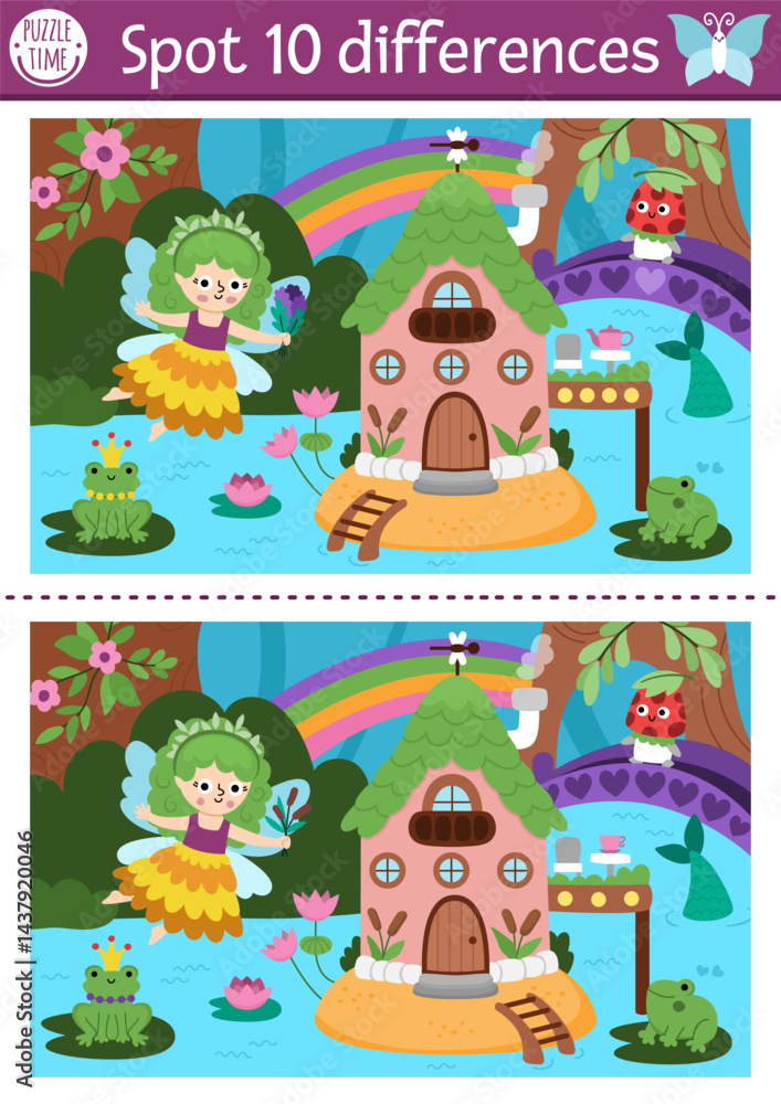 Fototapeta premium Find differences game for children. Fairyland educational activity with landscape with swamp fairy and house. Magic forest puzzle for kids. Fairytale printable worksheet, page with fantasy girl