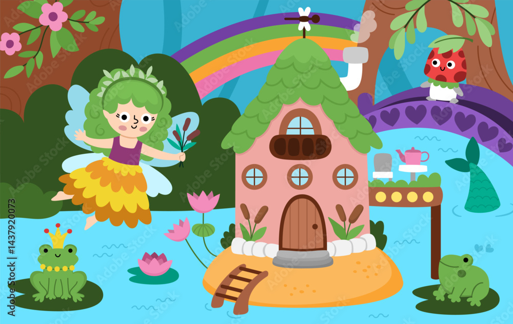 Obraz premium Vector fairyland background with swamp fairy, mermaid house, reeds. Magic land landscape. Woodland scenery with cute princess and rainbow. Fantasy forest scene illustration. Fairytale picture