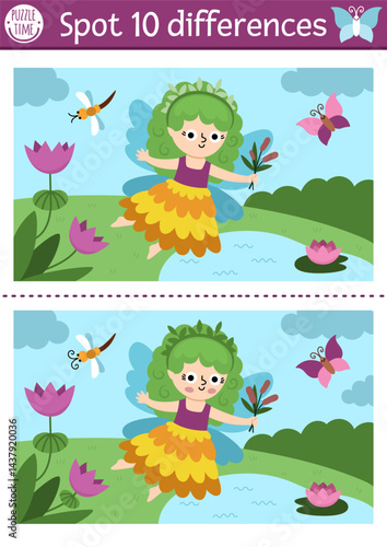 Find differences game for children. Fairyland educational activity with cute swamp fairy landscape. Magic forest puzzle for kids. Fairytale printable worksheet, page with fantasy girl