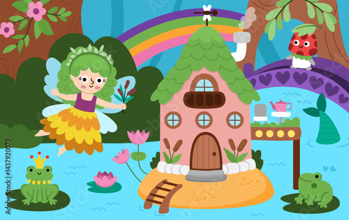 Vector fairyland background with swamp fairy, mermaid house, reeds. Magic land landscape. Woodland scenery with cute princess and rainbow. Fantasy forest scene illustration. Fairytale picture