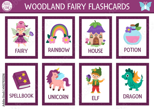 Vector fairyland flash cards set with fairy, rainbow, house, dwarf, elf, dragon, potion. English language game for kid. Magic woods flashcards. Fairytale forest nature educational printable worksheet