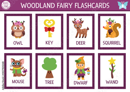 Vector fairyland flash cards set with owl, deer, squirrel, dwarf, tree. English language game for kid. Magic woods flashcards. Fairytale forest nature educational printable worksheet with animals