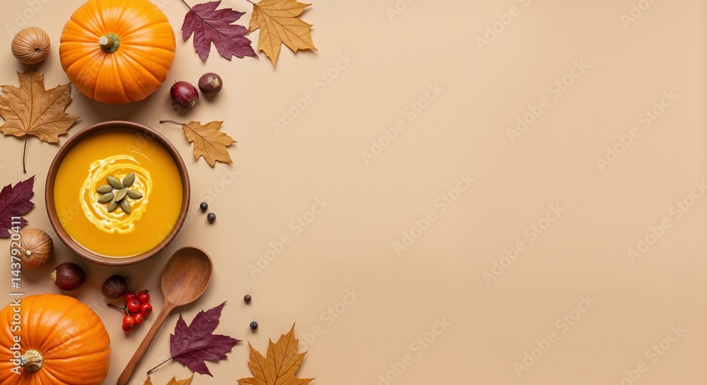 Autumn themed minimalist flat lay mockup with pumpkin soup in a bowl, colorful leaves, berries and pumpkin on a pastel beige background showing copy space for the image Autumn themed minimalist flat lay mockup with pumpkin soup in a bowl, colorful leaves, berries and pumpkin on a pastel beige background showing copy space for the image