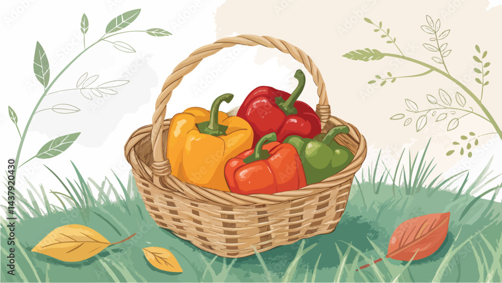 Capsicum in wicker basket in natural background, Capsicum Illustration vector design Capsicum in wicker basket in natural background, Capsicum Illustration vector design