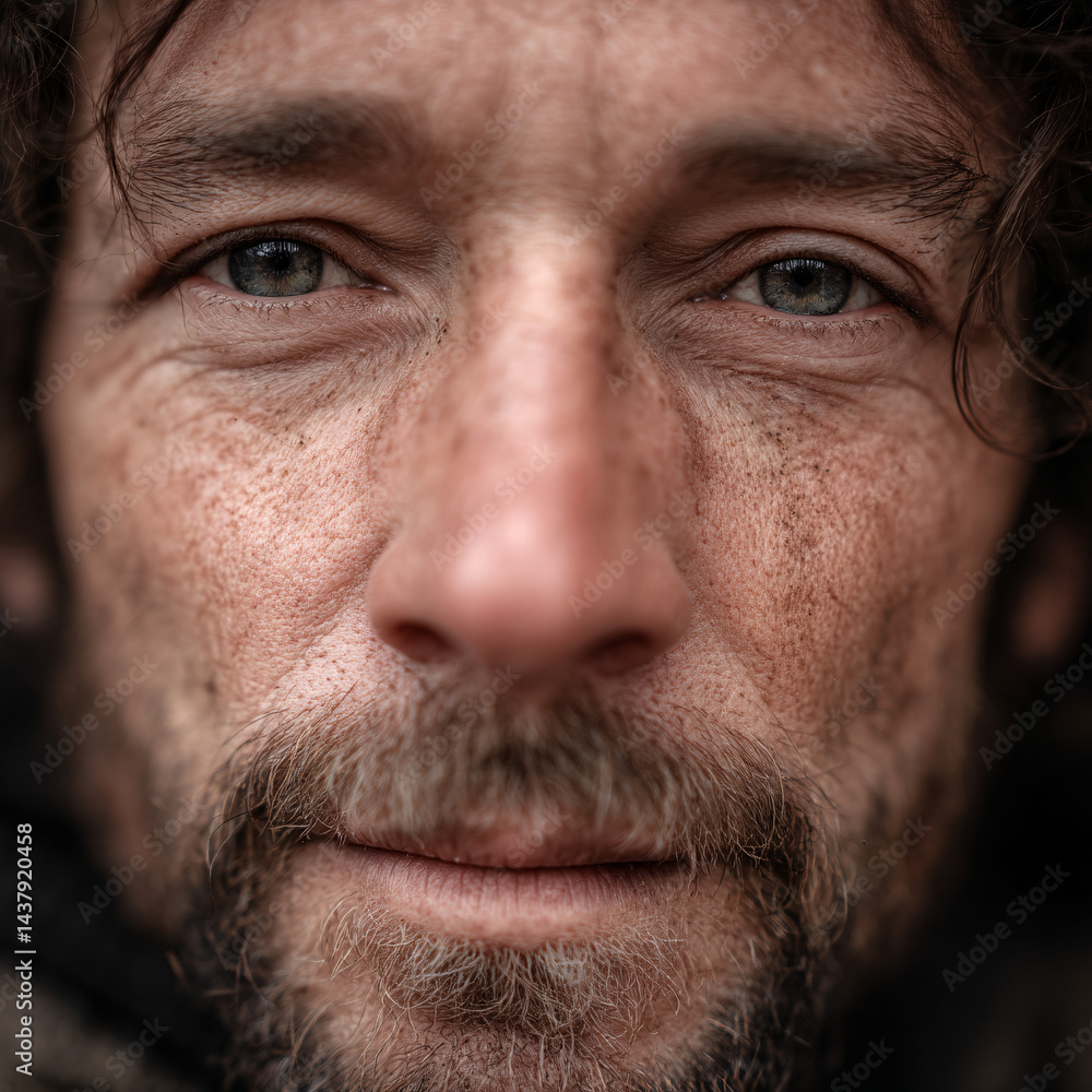 Obraz premium closeup portrait of middle aged man with full beard captured against neutral background, serious introspective expression emphasizing natural facial features emotional depth authenticity and character