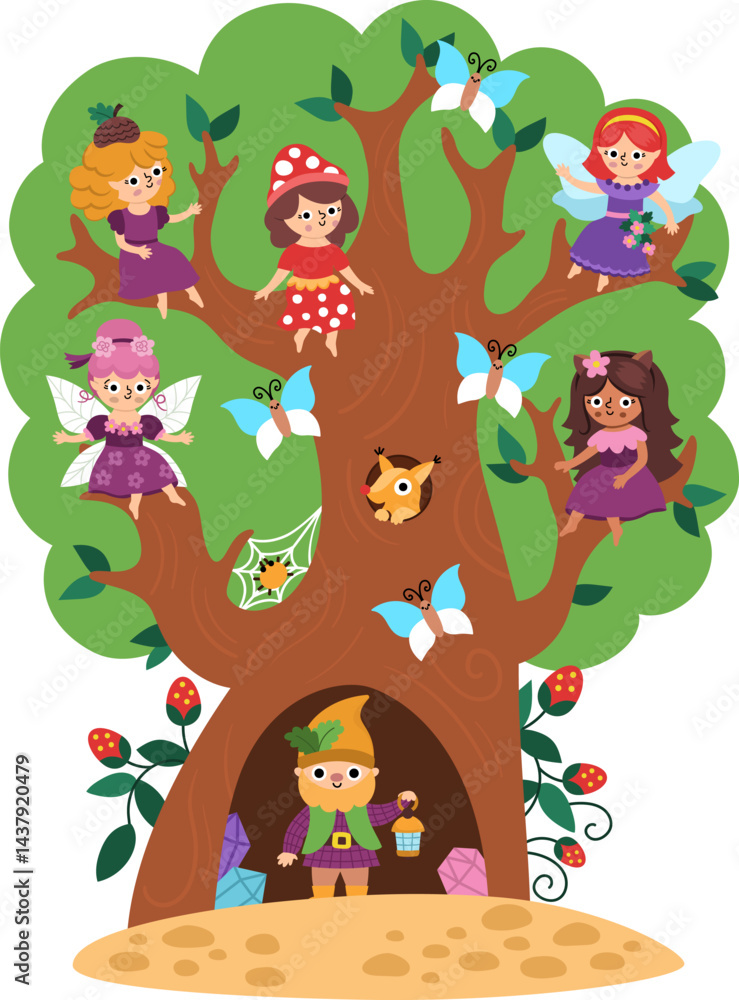 Naklejka premium Cute landscape with dwarf and woodland fairies sitting on tree branches. Vector fairyland background. Woodland scenery. Fantasy forest scene illustration. Fairytale world picture with magic creatures