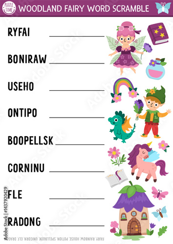 Vector fairyland word scramble activity page. English language game with fairy, elf, dragon, potion for kids. Magic forest family quiz with fantasy creatures. Educational printable worksheet