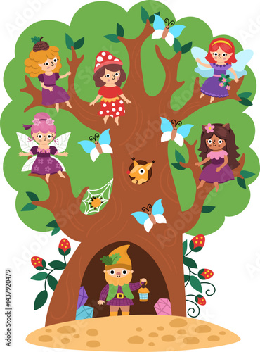 Cute landscape with dwarf and woodland fairies sitting on tree branches. Vector fairyland background. Woodland scenery. Fantasy forest scene illustration. Fairytale world picture with magic creatures