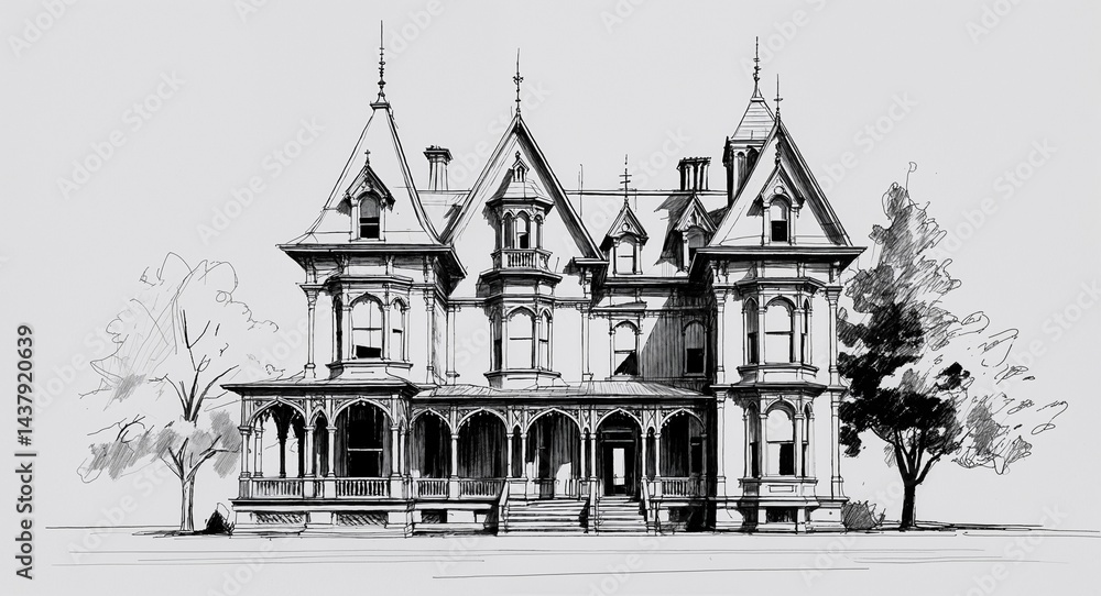 Obraz premium Victorian Gothic mansion building design in sketch hand drawing black and white on plain white background