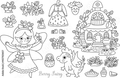 Vector black and white berry fairy clipart set. girl line icons. Woodland princess collection. Fantasy, fairytale forest illustrations. Magic creature coloring page with dragon, house, strawberry