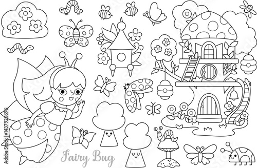 Vector black and white fairy bug clipart set.  girl line icon. Woodland princess collection. Fantasy, fairytale forest illustrations. Magic creature coloring page with butterfly, ladybird, tree house