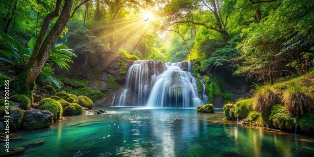 Obraz premium Pristine Waterfall, Crystal Clear Pool, Temperate Forest, High Resolution, Nature Photography, HD Wallpaper, Lush Greenery