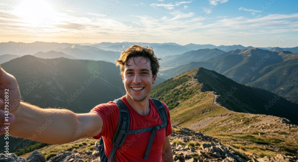 Naklejka premium A cheerful solo traveler taking a selfie at the top of a mountain with breathtaking panoramic views