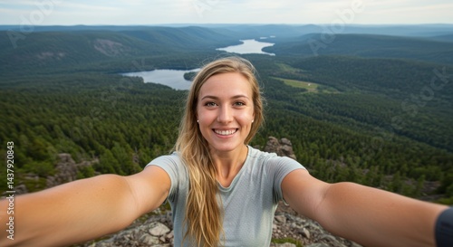 A cheerful solo traveler taking a selfie at the top of a mountain with breathtaking panoramic views