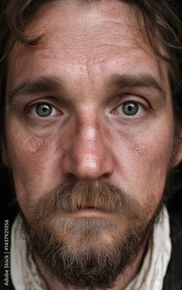 Obraz premium closeup portrait of middle aged man with full beard captured against neutral background, serious introspective expression emphasizing natural facial features emotional depth authenticity and character