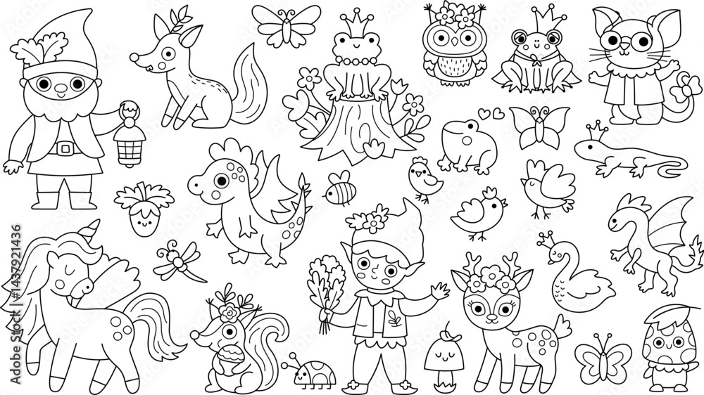 Vector black and white magic creature clipart set. fairytale character line icons. Woodland fantasy animal collection. Forest fairy tale illustration. Magical black and white with dwarf, unicorn, elf Vector black and white magic creature clipart set. fairytale character line icons. Woodland fantasy animal collection. Forest fairy tale illustration. Magical black and white with dwarf, unicorn, elf