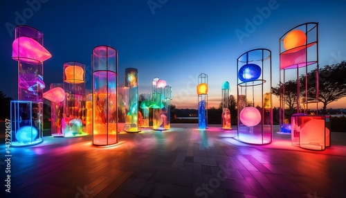 vibrant contemporary art installation featuring illuminated sculptures in various shapes and colors creating a dynamic visual experience