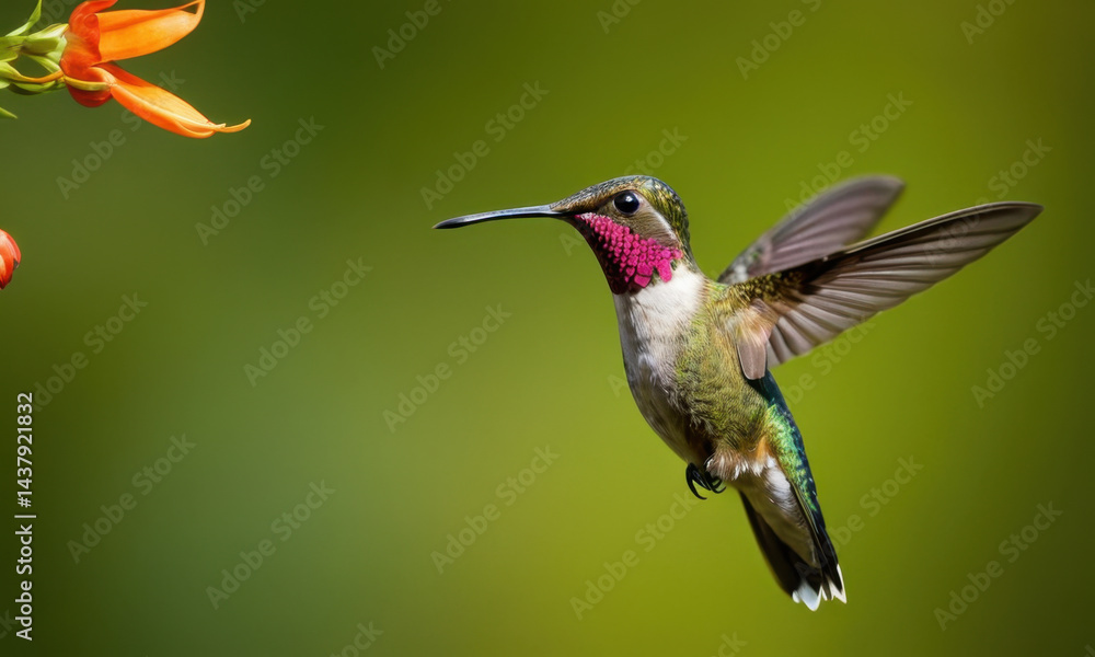 Fototapeta premium A small hummingbird hovers around a colorful flower, collecting nectar
