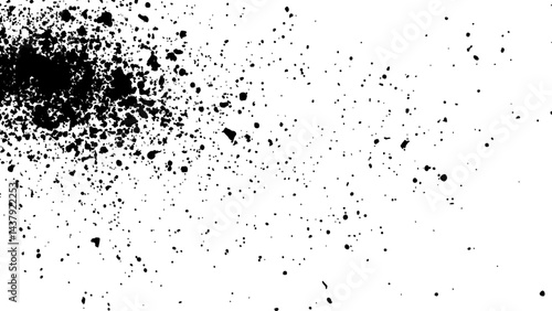 Dirt dust texture isolated on white background, top view. Black dust with effect fragments explosion isolated on white background and texture, 