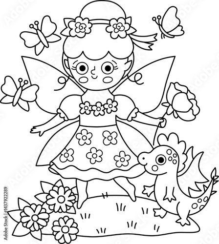 Vector black and white scene with flower fairy, rose, butterfly, dragon. Line composition with girl. Cute scenery with magic princess with wings, meadow. Fantasy fairytale illustration, coloring page