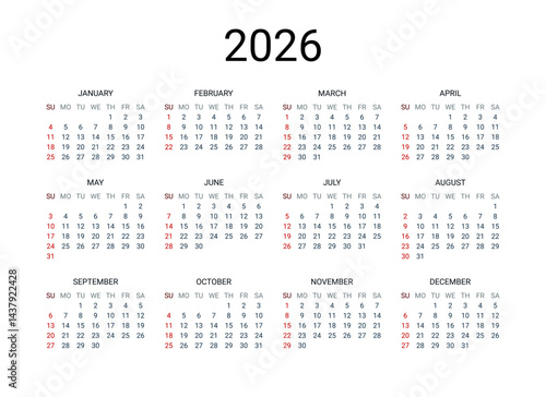 2026 year English calendar. Classical, minimalistic, simple design. White background. Vector Illustration. Week starts from Sunday.