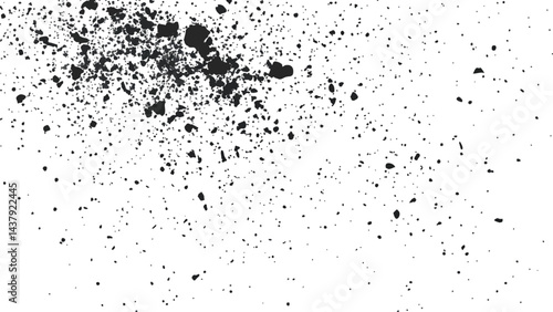 Dirt dust texture isolated on white background, top view. Black dust with effect fragments explosion isolated on white background and texture, 