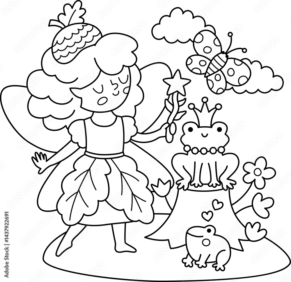 Fototapeta premium Vector black and white scene with acorn fairy, frog prince, butterfly. Line composition with girl. Cute scenery with magic princess with meadow. Fantasy scene illustration, coloring page