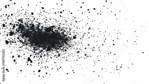 Dirt dust texture isolated on white background, top view. Black dust with effect fragments explosion isolated on white background and texture, 