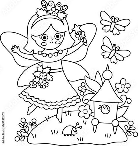 Vector black and white scene with berry fairy, butterfly, bird house. Line composition with girl. Cute scenery with magic princess with meadow. Fantasy fairytale illustration, coloring page