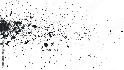 Dirt dust texture isolated on white background, top view. Black dust with effect fragments explosion isolated on white background and texture, 