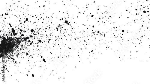 Dirt dust texture isolated on white background, top view. Black dust with effect fragments explosion isolated on white background and texture, 