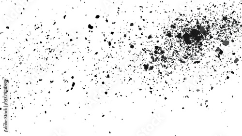 Dirt dust texture isolated on white background, top view. Black dust with effect fragments explosion isolated on white background and texture, 