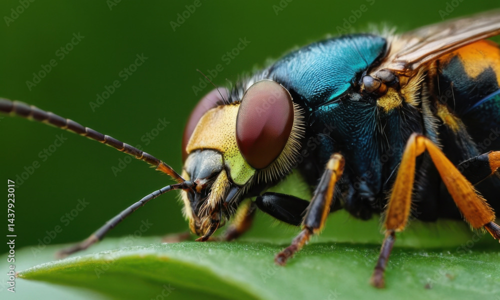 Naklejka premium A detailed view of a fly sitting on the surface of a leaf