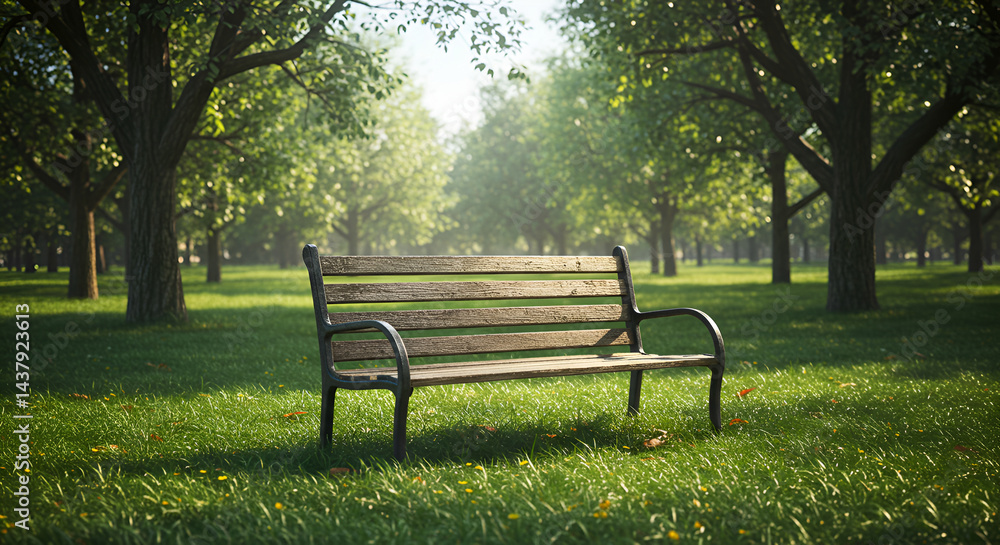 Bench In Tranquil Park Landscape During Sunny Day In Early Spring Bench In Tranquil Park Landscape During Sunny Day In Early Spring