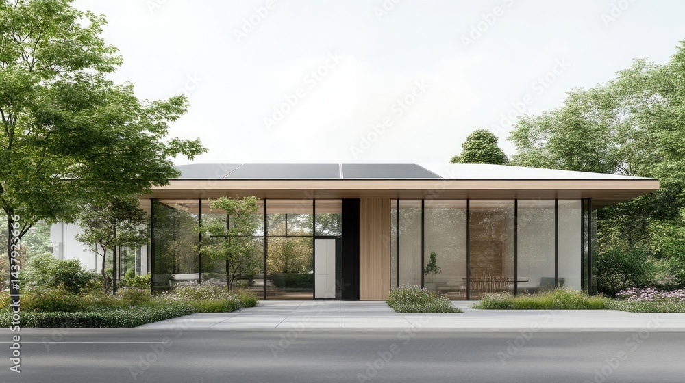 Fototapeta premium Modern sustainable office building with glass facade and solar panels
