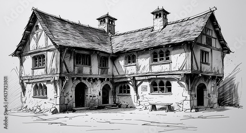 Wallpaper Mural Worn down medieval inn building design in sketch hand drawing black and white on plain white background Torontodigital.ca