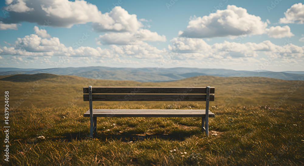 Bench On Grassy Hillside Offering A Peaceful View Under Cloudy Sky Bench On Grassy Hillside Offering A Peaceful View Under Cloudy Sky