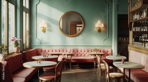 Parisian cafe interior sunlight, pink booths