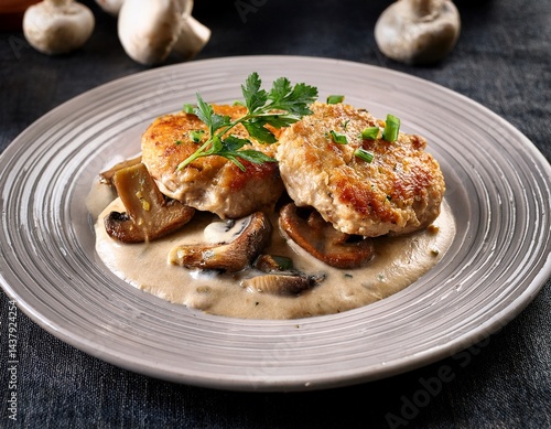 shempeon chicken cutlets perfectly cooked topped with sliced mushrooms and rich cream sauce elegantly plated