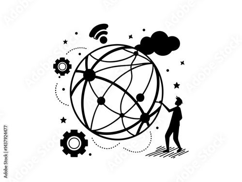 Global Connectivity, A person pushing a network-connected world.  a person pushing a globe interconnected with a complex network, suggesting global connectivity and teamwork. technology, future, metav