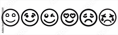 A series of six simple black and white emoticons, representing a range of emotions: a shy smiley, a happy smiley, a wink, a love-struck face with heart eyes, a sad face, and a crying face.