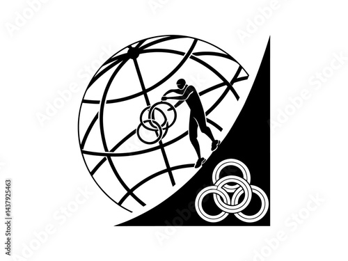 Global Sports Effort, a Man Pushing Olympic Rings Upward, A stylized, black and white graphic depicts a figure pushing Olympic rings upward, against a backdrop of a stylized world globe. Olympic, spor