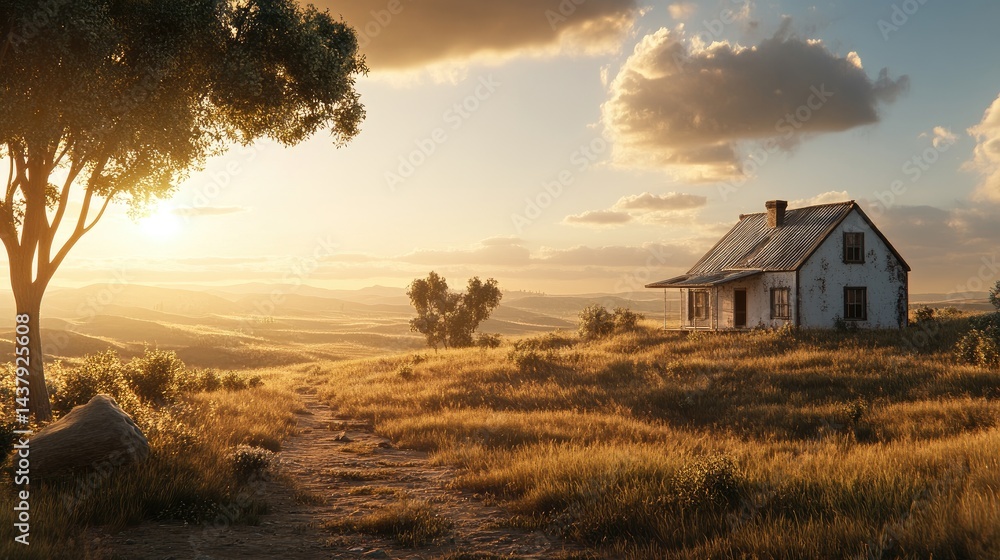 Fototapeta premium A weathered farmhouse sits atop a golden hill at sunset. Lush greenery surrounds the old structure