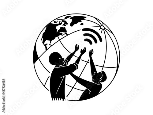 Global Connectivity: Two figures reaching for a world network, A simple, black and white graphic depicts two people with outstretched arms, seemingly interacting with a world globe that has technology