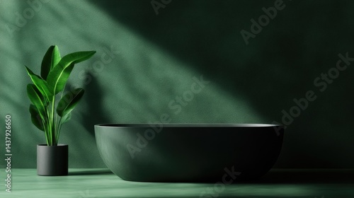 Modern, minimalist bathroom scene with a dark green bathtub and plant. Sunlight casts shadows on the wall