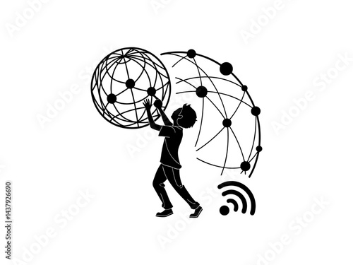 Global Connectivity A person striving to connect the world. A stylized silhouette of a person lifting a globe, surrounded by a network of interconnected nodes. technology, communication, connection.