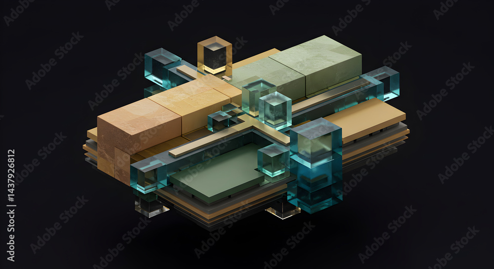 Fototapeta premium Geometric Arrangement Of Translucent And Solid Cubes On Dark Backdrop