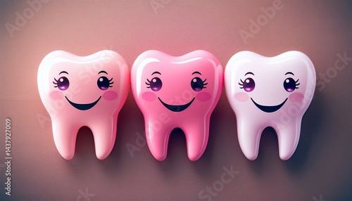 cute pink gradient teeth with friendly faces on a textured background