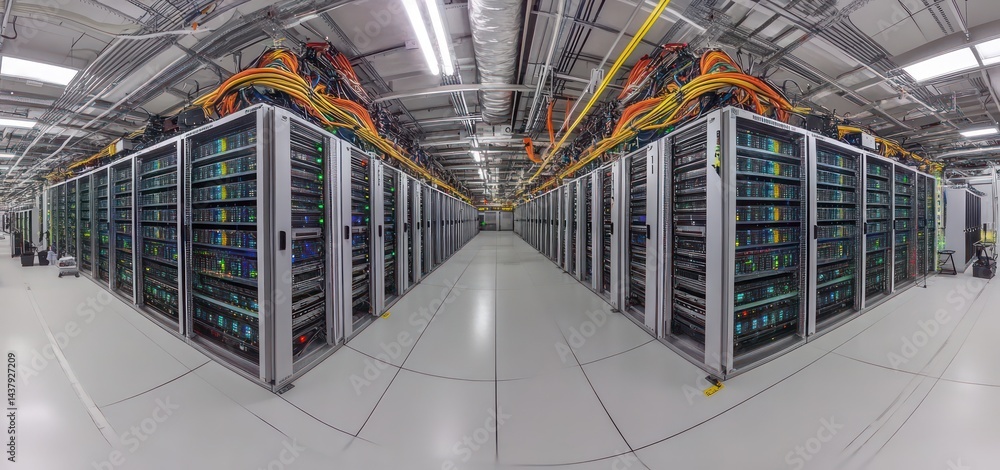 Fototapeta premium Server room cables connect endless racks